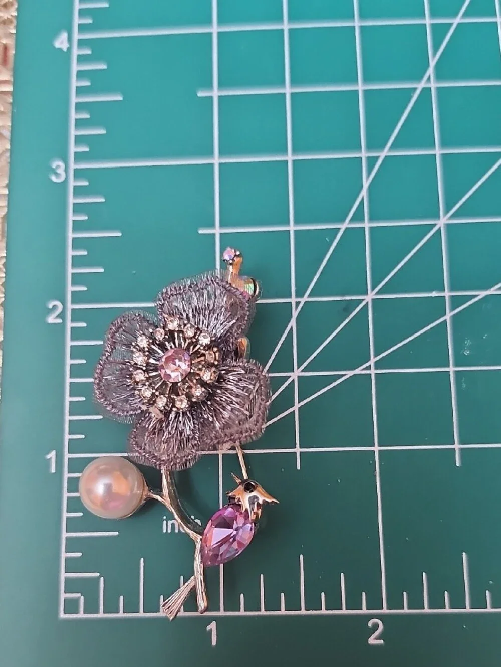 Pink Crystal Bird and Silver Flower Brooch with Pearl Accent